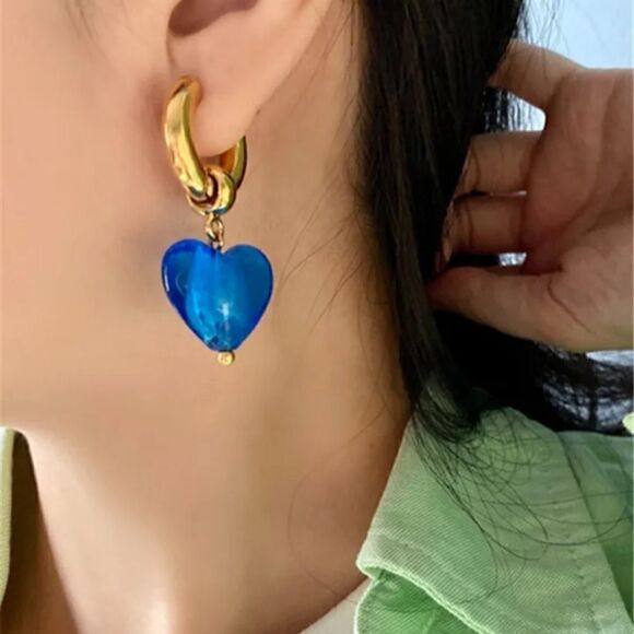 Blue Art Glass Heart Earrings - Picture 2 of 5